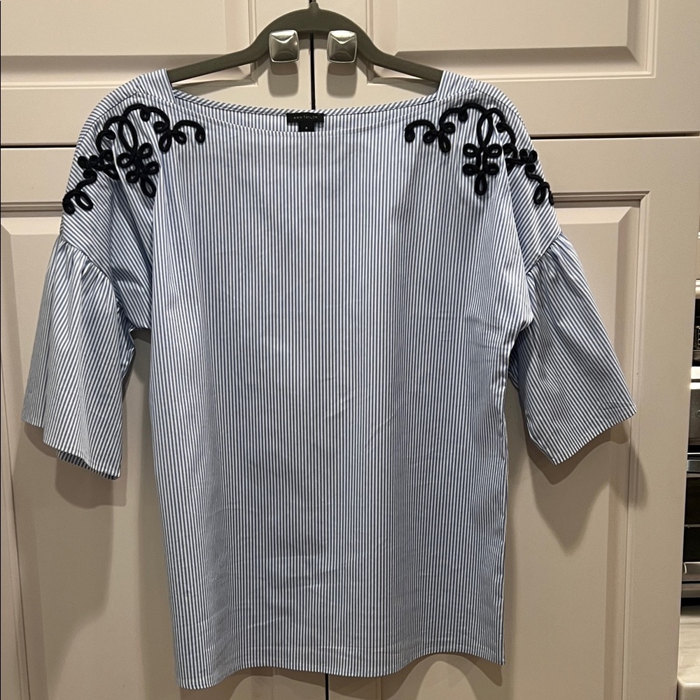 Ann Taylor Blue and Black Striped Blouse with Embroidery